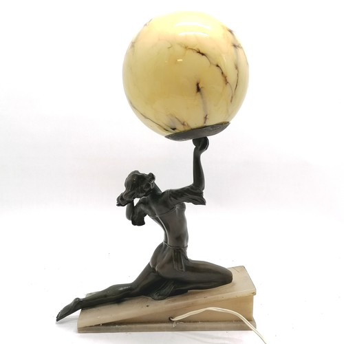 79 - Art Deco bronzed figural lamp of female figure holding a ball with marbled finish on an alabaster sl... 