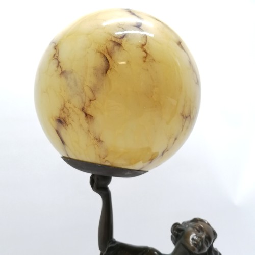 79 - Art Deco bronzed figural lamp of female figure holding a ball with marbled finish on an alabaster sl... 