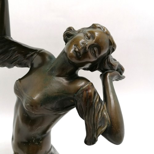 79 - Art Deco bronzed figural lamp of female figure holding a ball with marbled finish on an alabaster sl... 