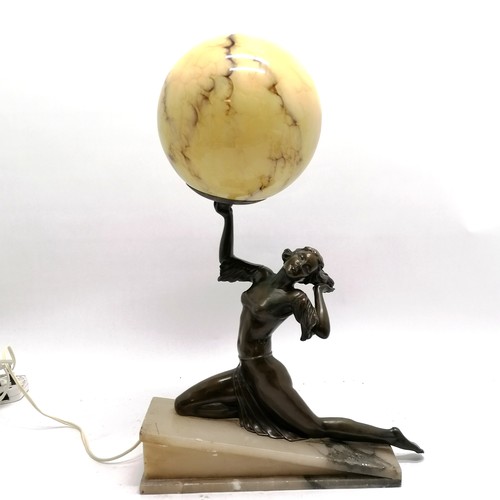 79 - Art Deco bronzed figural lamp of female figure holding a ball with marbled finish on an alabaster sl... 