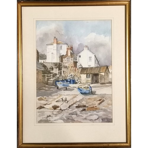 85 - J Ralph signed watercolour painting of Portloe harbour, Cornwall - frame 56cm x 43.5cm