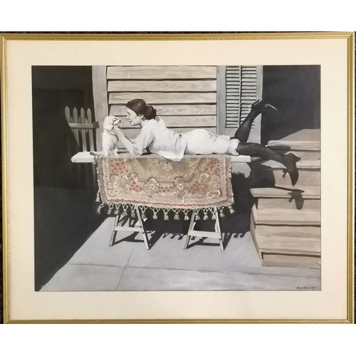 86 - 1981 M G Stead signed watercolour painting of a young lady with a dog - frame 60.5cm x 73cm