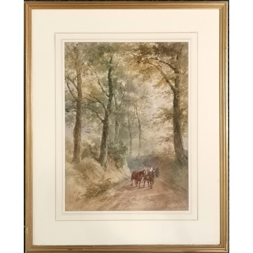 87 - (William) Henry Earp Senior (1831-1914) watercolour painting of 2 horses on a forest path - frame 71... 