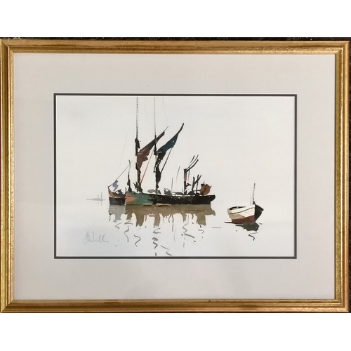 90 - Jake Winkle signed watercolour painting of barges - frame 55cm x 70.5cm