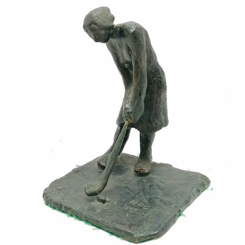 109 - 1983 bronze centenary golf club figure of lady golfer - Helensburgh (?) by RR - 21cm high