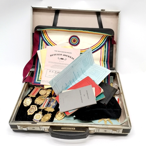 111 - 3 x briefcases of Masonic medallions & regalia inc RAOB, aprons, medallions (some silver), booklets,... 