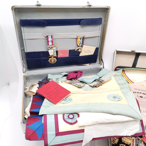 111 - 3 x briefcases of Masonic medallions & regalia inc RAOB, aprons, medallions (some silver), booklets,... 