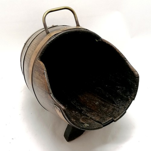 116 - Antique coopered coal hod with brass fitments - 40cm high x 40cm long ~ slightly loose to the cooper... 