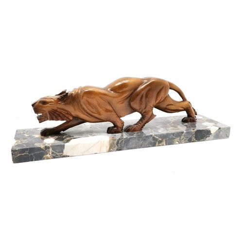 119 - Art Deco style unusual hand carved wooden big cat figure on a marble base (52cm x 14.5cm) & 16cm hig... 