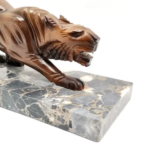 119 - Art Deco style unusual hand carved wooden big cat figure on a marble base (52cm x 14.5cm) & 16cm hig... 