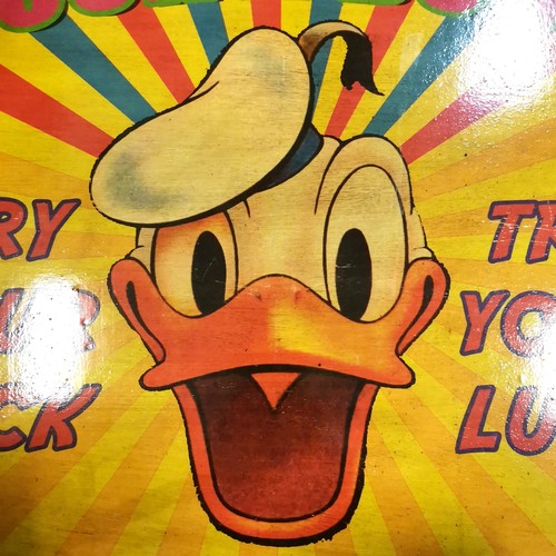 120 - Vintage 'Hook a duck' Donald duck fairground wooden sign - 59cm square