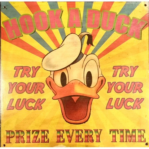 120 - Vintage 'Hook a duck' Donald duck fairground wooden sign - 59cm square