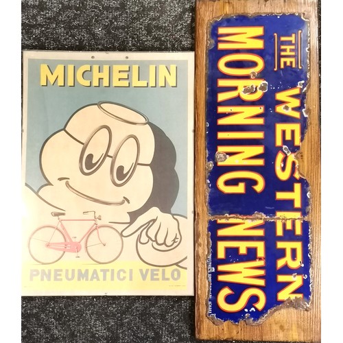 121 - Mounted 'The Western Morning News' enamel sign (58cm x 21cm & a/f) t/w Michelin Pneumatici velo adve... 