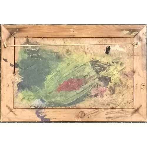 125 - Abstract oil painting on panel signed DB (with paint marks to reverse) - wooden frame 22.5cm x 33.5c... 