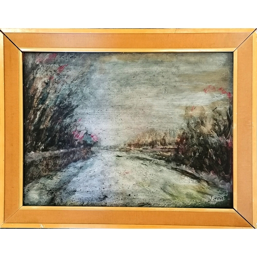 127 - Oil on board painting of an evening view signed J Piper - frame 37cm x 47.5cm. - Frame a/f