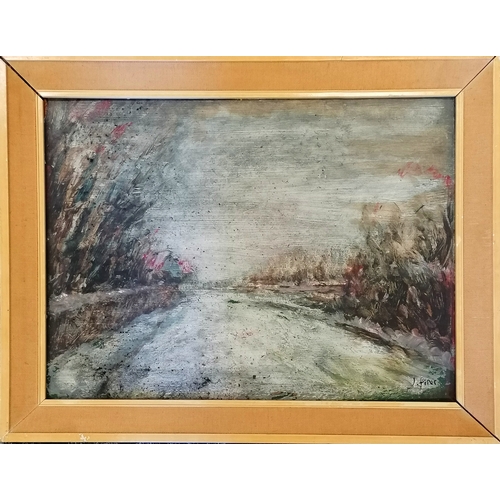 127 - Oil on board painting of an evening view signed J Piper - frame 37cm x 47.5cm. - Frame a/f