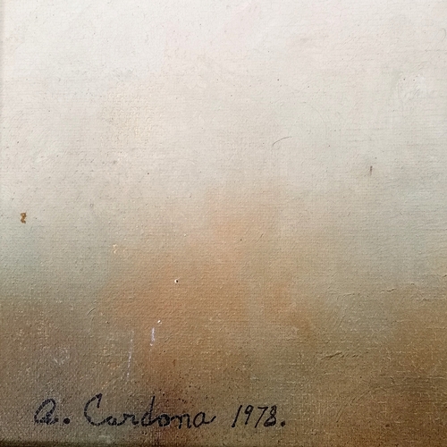 128 - A Cardona 1978 surrealist oil painting on canvas - frame - 71cm x 81cm.