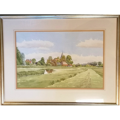 130 - George Sear (b.1937) watercolour painting 'Autumn by the cuckmere, Alfriston' with labels / details ... 