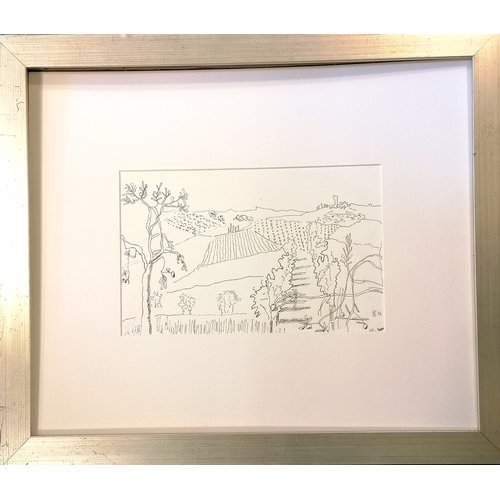 135 - Framed original 1999 pen and ink drawing of a pastoral scene signed with monogram - frame 58.5cm x 6... 