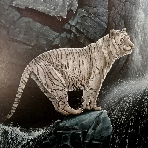 136 - Eric Wilson (b.1960) dated 1992 acrylic painting of a white tiger in front of cascading waterfall - ... 