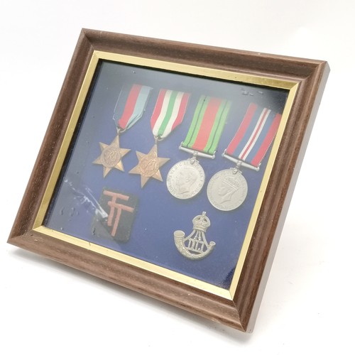 141 - cased set of WWII military medals with a DLI badge - case 24cm x 22cm