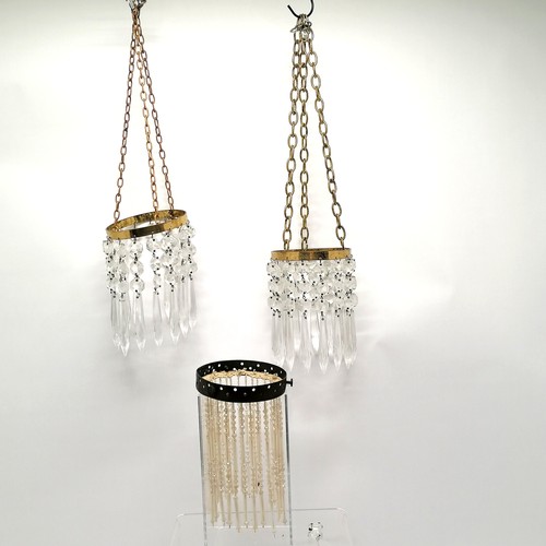 148 - Pair of crystal pencil drop chandeliers 11cm diameter T/W an antique glass bead shade 16cm drop - 1 ... 