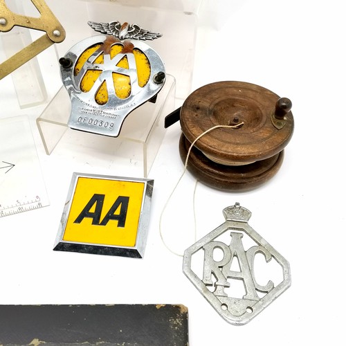 151 - Charting brass and perspex tool, boxed razors, 2 fishing reels, AA and RAC car badges etc