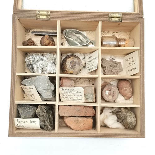 157 - Collectors cabinet containing curios with annotations including WWII German parachute cord, Antique ... 