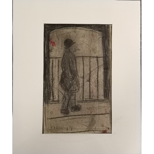 162 - L S Lowry 1951 drawing of a smoking man walking past railings drawn on the reverse of a cover of a b... 