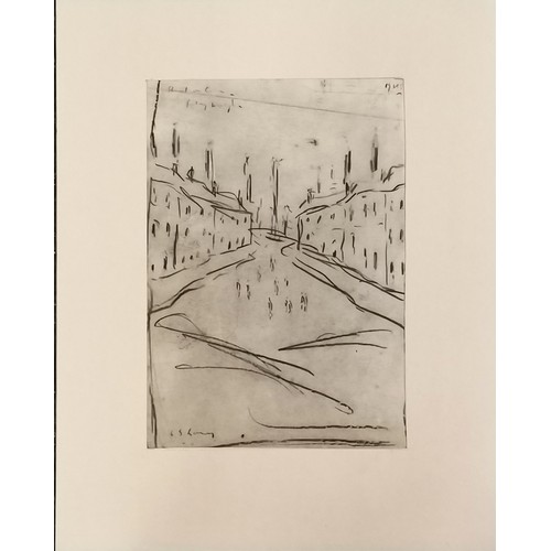 163 - L S Lowry drawing looking up a street with rows of houses either side & figures in the road (27.5cm ... 