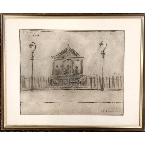 164 - L S Lowry drawing of a park band stand between 2 streetlamps (24.5cm x 30.5cm and is on the back of ... 