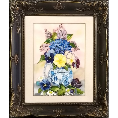 166 - Elizabeth de Lisle original signed painting on silk of a vase of flowers - frame 65cm x 54.5cm ~ SOL... 