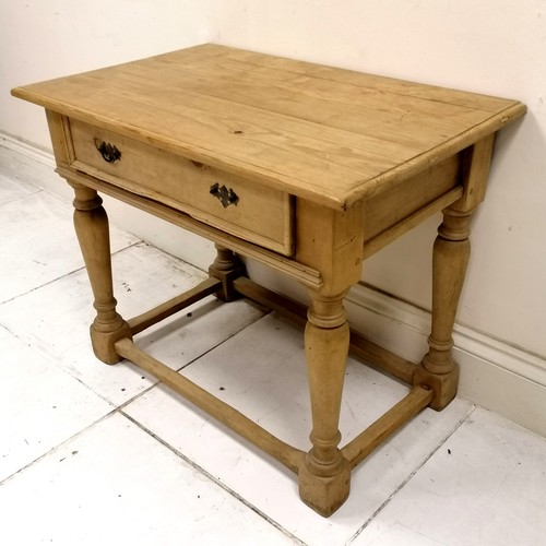 175 - Antique pine table with stretcher base and a single drawer to the front - 86cm wide x 52cm deep x 68... 