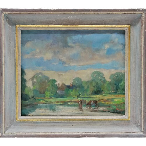 176 - Richard Kempe oil painting on canvas of a pastoral scene with river & cattle - frame 34cm x 39cm