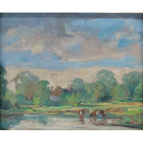 176 - Richard Kempe oil painting on canvas of a pastoral scene with river & cattle - frame 34cm x 39cm