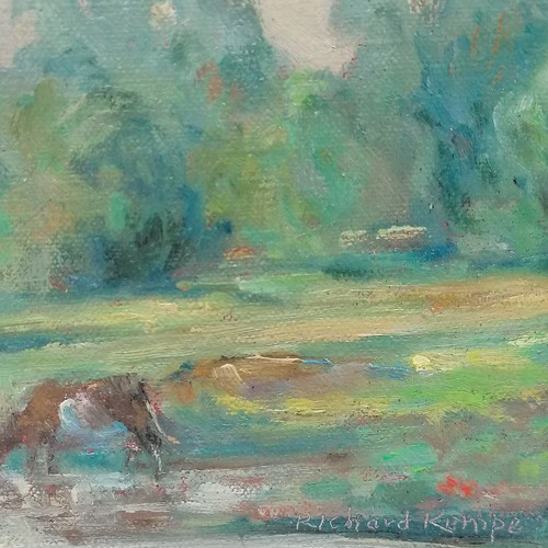 176 - Richard Kempe oil painting on canvas of a pastoral scene with river & cattle - frame 34cm x 39cm