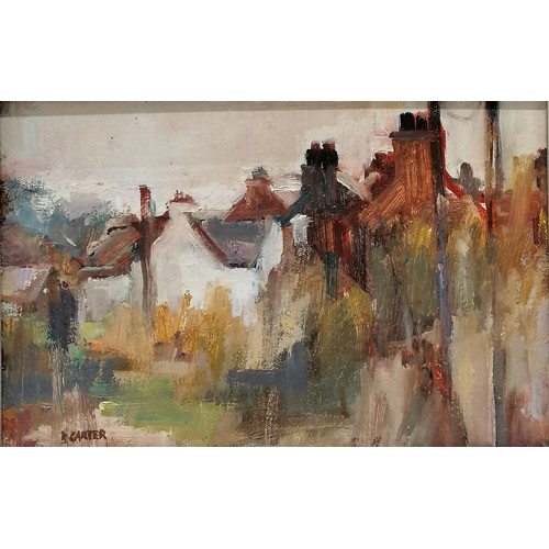 177 - Barry E Carter oil on board painting of cottages at Swinefleet - 30.5cm x 39.5cm