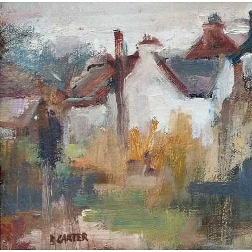 177 - Barry E Carter oil on board painting of cottages at Swinefleet - 30.5cm x 39.5cm