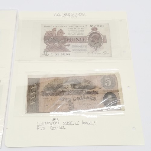 194 - 3 x banknotes - 1923 Warren Fisher £1, 1864 USA Confederate states $5 & Stamford Spalding and Boston... 