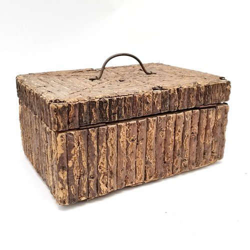 217 - Folk art cork box with hinged lid - 34cm x 24cm x 16.5cm ~ has slight losses & signs of old worm