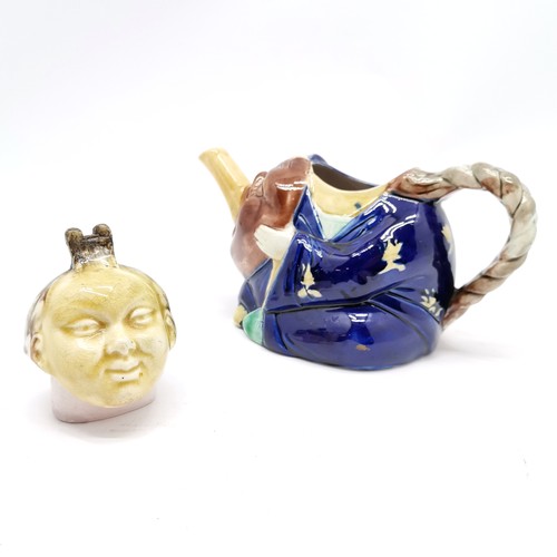 221 - Majolica figural Chinese man teapot - 15cm high ~ chips to rim of lid (head)