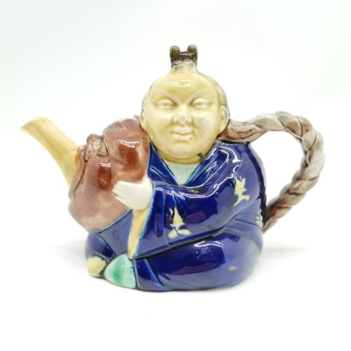 221 - Majolica figural Chinese man teapot - 15cm high ~ chips to rim of lid (head)