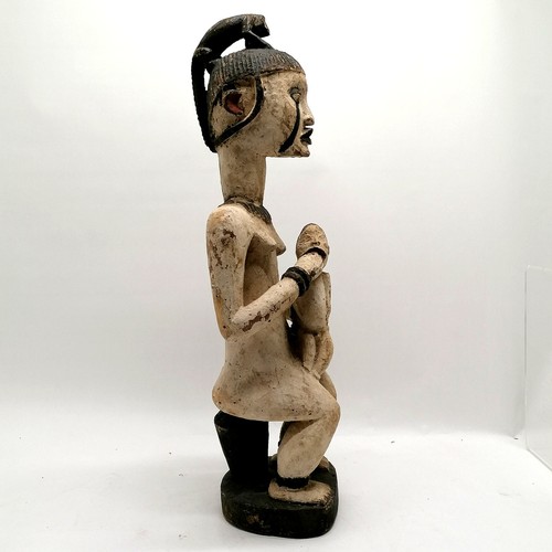 224 - Tribal hand carved wooden figure of a female figure with animal figure on head feeding a baby - 62cm... 