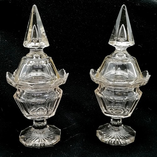 228 - Antique pair of bright cut glass bonbonnieres with spire topped lids - 27cm high & both have some ch... 