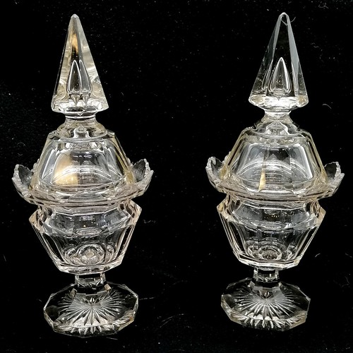 228 - Antique pair of bright cut glass bonbonnieres with spire topped lids - 27cm high & both have some ch... 