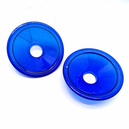 238 - 8 x blue glass candle drip catchers - 11.4cm diameter (centre 2.5cm diameter)