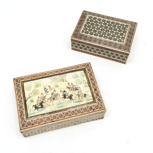 248 - 2 x Middle eastern wooden lidded boxes with micro mosaic detail - largest has painting of polo match... 