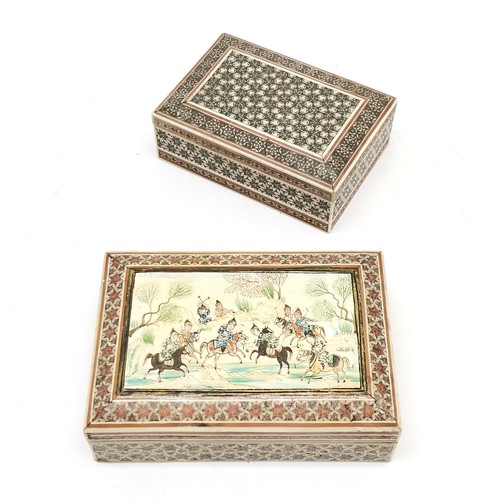 248 - 2 x Middle eastern wooden lidded boxes with micro mosaic detail - largest has painting of polo match... 