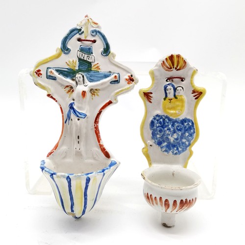 253 - 2 x Continental faience holy water stoops - longest (with Jesus crucifixtion - 22cm and has chip nea... 