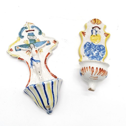 253 - 2 x Continental faience holy water stoops - longest (with Jesus crucifixtion - 22cm and has chip nea... 